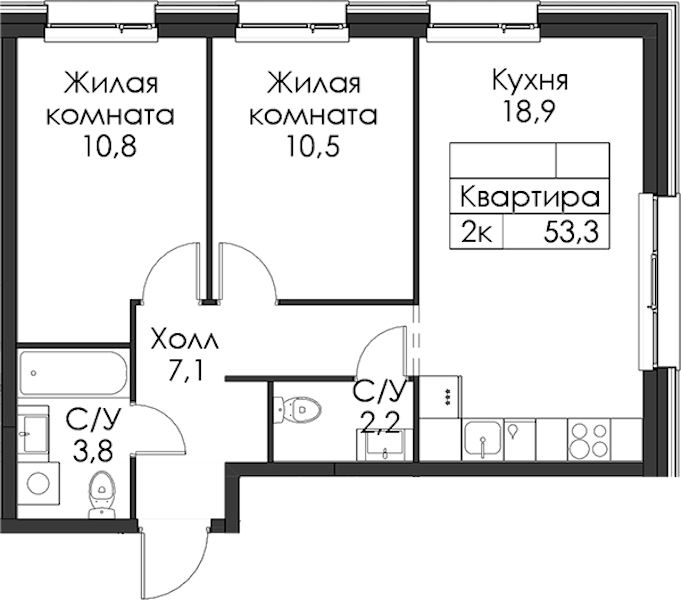 2-комнатная квартира 53.3 м², 3/8 эт., ЖК «Шкиперский 19»